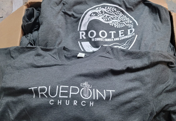 Single color, two sided print on Tultex 202 heathered graphite shirts for Truepoint Church in Norwood, Ohio