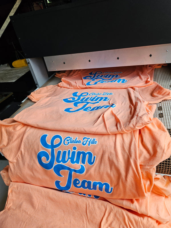 2 color prints on Tultex 202 in cantaloupe color for Clinton Hills Swim Team