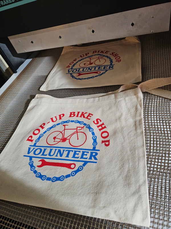 2 color print on canvas totes for Northside Cincinnati based MOBO Bicycle Cooperative's pop-up bike shop volunteers
