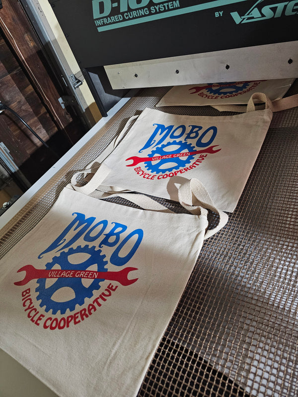 2 color print on canvas totes for Northside Cincinnati based MOBO Bicycle Cooperative