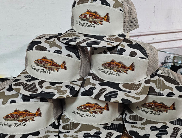 Superbly detailed embroidered on 7 panel camo hats for The Whuff Rod Co.