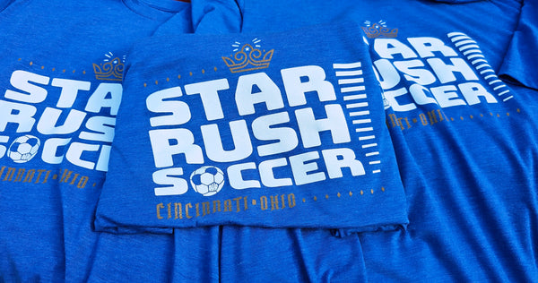 Metallic gold and white screenprinted tees on ultra soft Bella Canvas tees for Star Rush Soccer