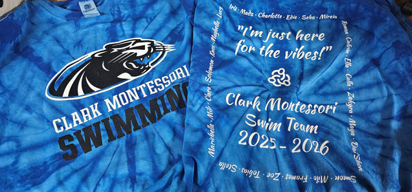 Screenprinted tie dye tees for Clark Montessori Swim team.