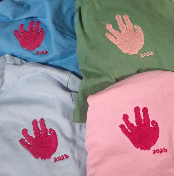 Embroidered child's handprint on Comfort Colors sweatshirts