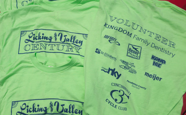 Screenprinted volunteer shirts for Cincinnati Cycle Club's Licking Valley Century