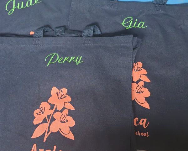 Screenprinting and embroidered tote bags for Azalea Montessori in Norwood, Ohio and Over-the-Rhine