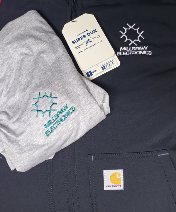 Embroidered long sleeve tee and Carhartt Super Dux jacket for Millspaw Electronics in Mason, Ohio