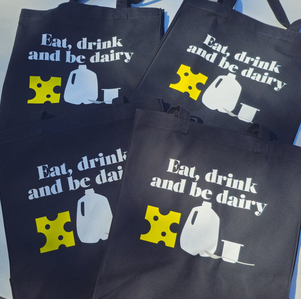 3 color screenprinted tote bags for Sound Bites, LLC destined for the National Dairy Council