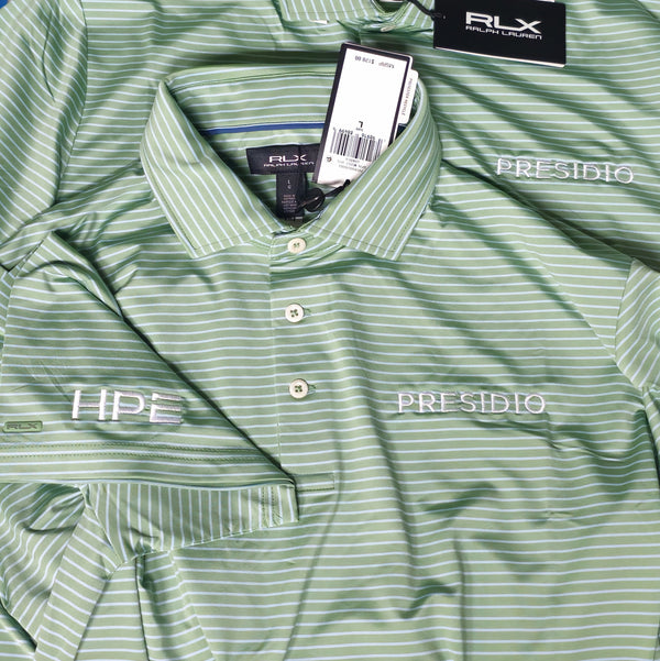 Embroidered Ralph Lauren polos with Presidio logo on the left chest, and Hewlitt Packard Enterprises logo on the sleeve