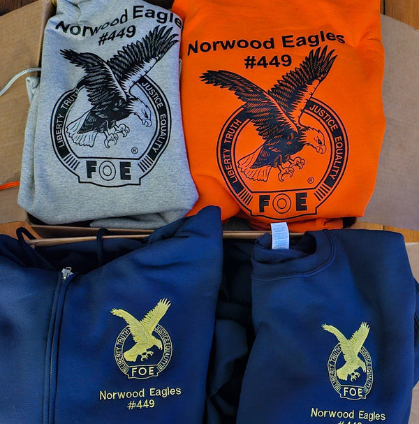 Screen printed and embroidered sweatshirts for the Norwood, Ohio chapter of the Fraternal Order of Eagles