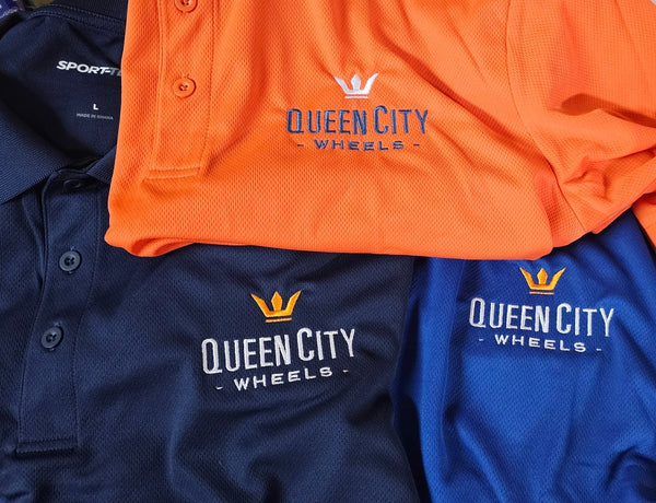 Embroidered polos for local cycling team Queen City Wheels